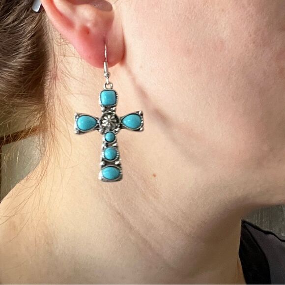Faux Turquoise Cross Decor Drop Earrings Zinz Alloy - Picture 4 of 11